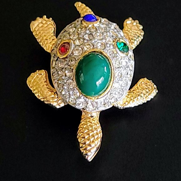 Vintage Sphinx Rhinestone and Cabochon Turtle Brooch Pin - Picture 3 of 9